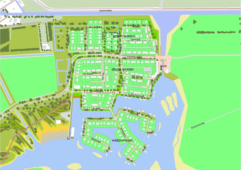 Impressie eindbeeld Tersluis Hoofdstructuur Binnen Tersluis komen geen expliciete buurtjes, het is één samenhangende buurt waarin de verschillende woonsferen organisch in elkaar overvloeien.