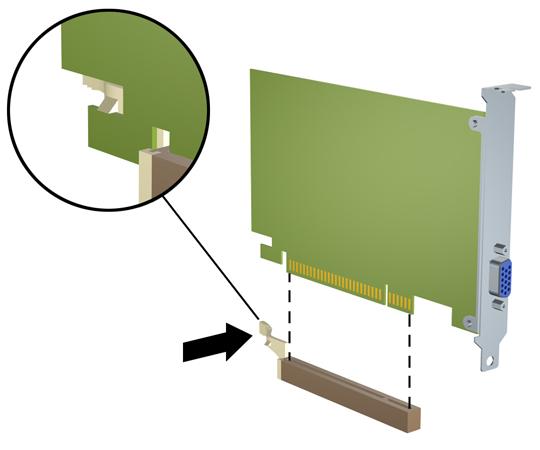 c. Als u een PCI Express x16-kaart verwijdert, beweegt u de borgbeugel aan de achterkant van het uitbreidingsslot van de kaart af en beweegt u vervolgens de kaart voorzichtig heen en weer totdat de
