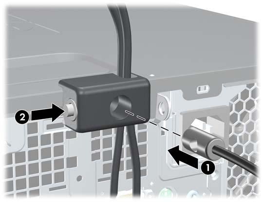 Plaats het uiteinde van de beveiligingskabel in het slot (1) en druk de knop in (2) om het