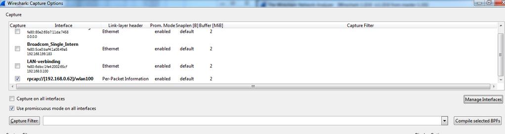 Na het opstarten van Wireshark klikt u op Capture Options of u gebruikt de toetsencombinatie Ctrl-K om de Caputure Options te openen. Na het openen van de Capture Options klikt u op Manage Interfaces.