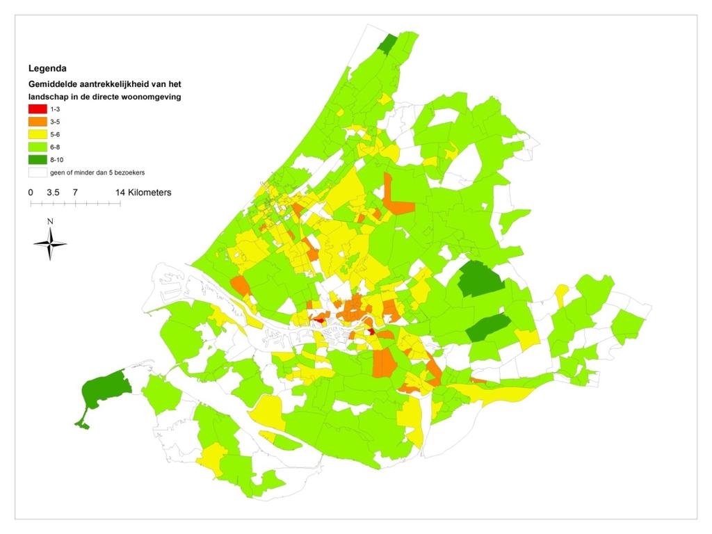 Figuur 6 Gemiddelde aantrekkelijkheid van het landschap in de directe woonomgeving per 4- positie postcodegebied met minimaal 5 bezoekers.