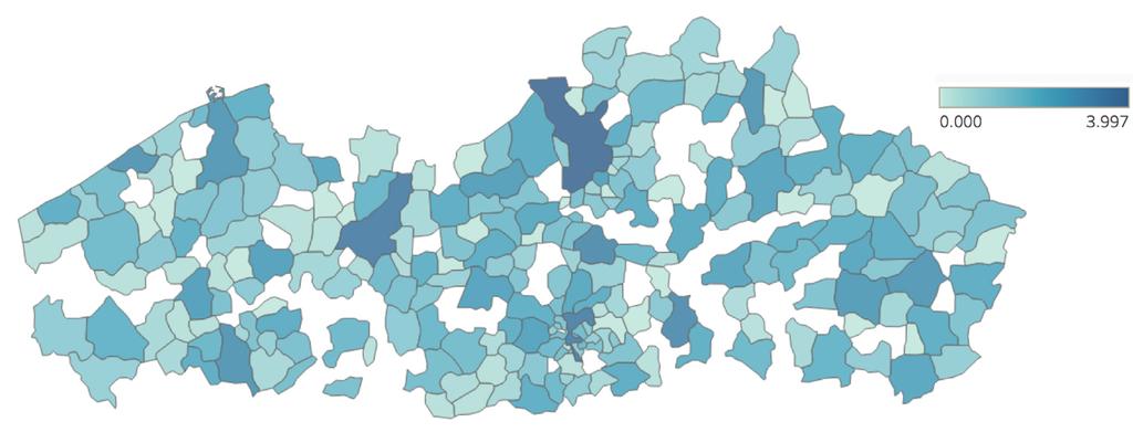 GRAFIEK 6A Geografische spreiding van organisaties voor theater, dans en muziektheater (Bron: Departement Cultuur, Jeugd, Media).