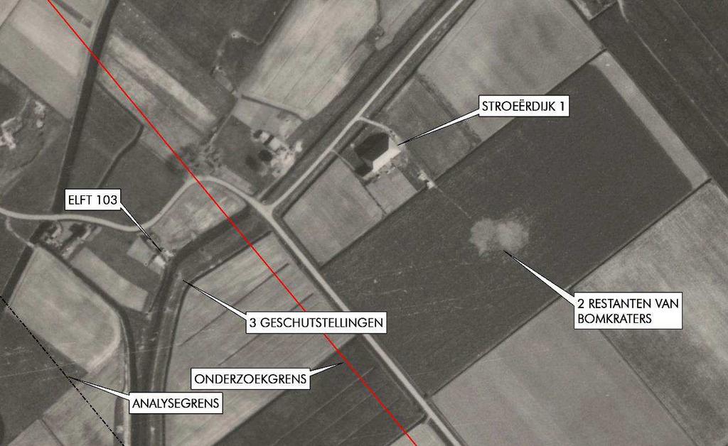 Afb.5 - Luchtfotoanalyse van het analysegebied, d.d. 19 april 1945. Onderzoeksgebied: rood omlijnd. Analysegebied: zwart omlijnd.