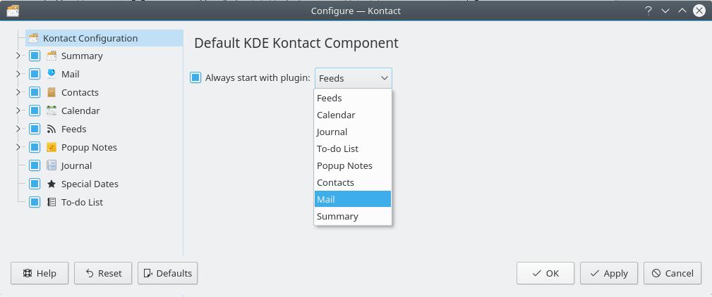 Het venster Startcomponent instellen van Kontact 3.3 Menu, werk- en statusbalken Het menu en de werk- en statusbalken van het actieve component worden overgenomen in Kontact.