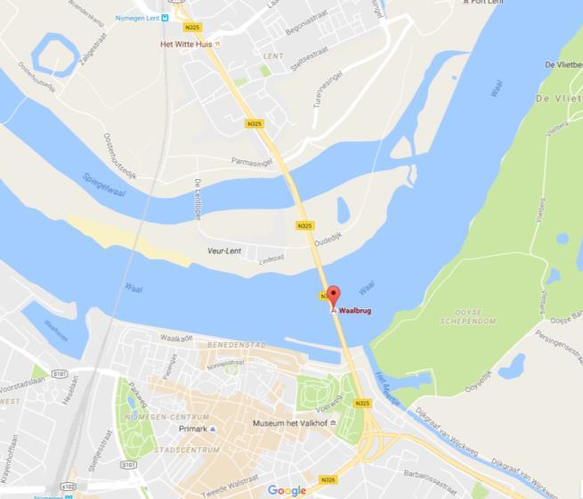 Figuur 2.1.1 Overzicht locatie Waalbrug te Nijmegen Voor de historie van de Waalbrug Nijmegen wordt verwezen naar de rapportage Uitgangspuntenrapport, RHDHV, BC6O17ROO12D, 03-09-20 14.