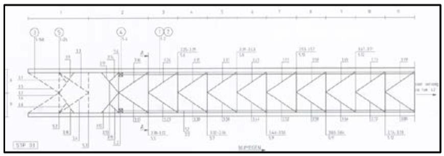 Figuur 2.1.7: Westelijk zijaanzicht van de hoofdoverspanning (Ovsp 3-4) Figuur 2.1.8: Bovenaanzicht van de hoofdoverspanning (boog) (Ovsp 3-4) Zuidelijke betonnen landhoofd met onderdoorgang STP 06, OD 5) STP 06 is een gelijkwaardige constructie als STP 01.