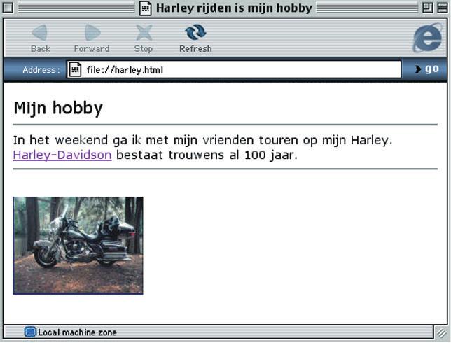 MM-05-04-08 HTML-code: <title>harley rijden is mijn hobby</title> <body bgcolor= #FFFFFF ><font face = Verdana > <font color= #000000 ><font size= 4 >Mijn hobby<br><hr> <font size= 2 >In het weekend