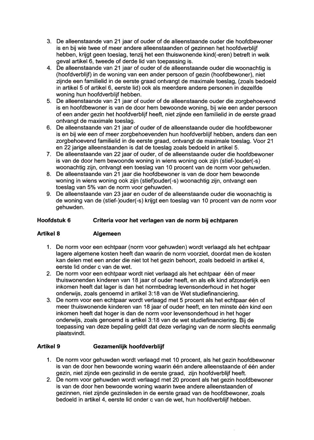 3. De alleenstaande van 21 jaar of ouder of de alleenstaande ouder die hoofdbewoner is en bij wie twee of meer andere alleenstaanden of gezinnen het hoofdverblijf hebben, krijgt geen toeslag, tenzij