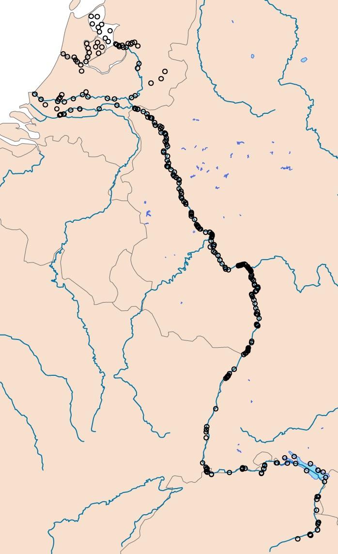 Figuur 1: Ligging van de in verband met macrozoöbenthos onderzochte gebieden aan de hoofdstroom van de Rijn (vgl. bijlage 1; kaart gemaakt door: B. König, BfG) 4. Faunistische kolonisatie 4.
