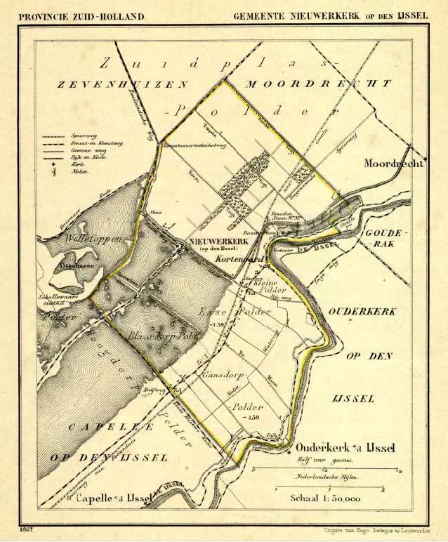 Figuur 6.13 Nieuwerkerk in 1867. Alleen aan de westzijde van het dorp is nog open water. Ten oosten van de nederzetting is de Zuidpolder weergegeven. Streekarchief Hollands Midden.