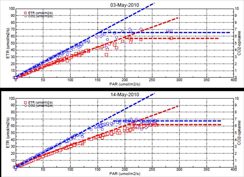 Fig. 16. ETR (rood) en berekende CO2-opname (blauw) gemeten met de Plantivity. Als voorbeeld zijn 3 en 14 mei genomen. De gestreepte lijnen geven de maximale efficiëntie en het verzadigingsniveau aan.