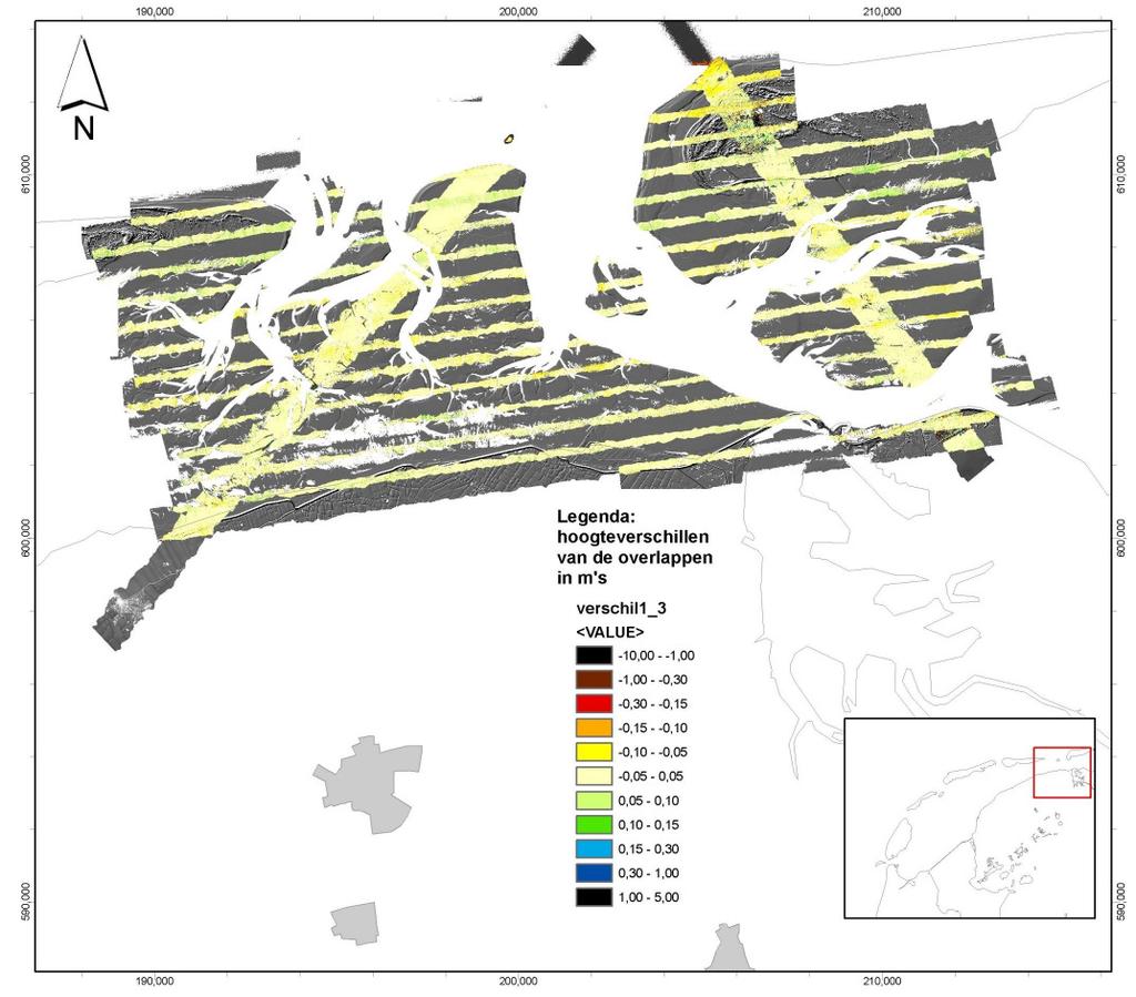 Figuur 3.5c Overzicht van het verschilgrid van de overlappen van de laserhoogtedata van gebied3, ten noorden van het Lauwersmeer.