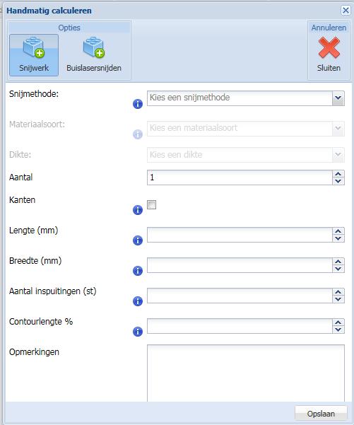 Nieuwe offerte aanmaken: Handmatig calculeren Bij het aanmaken van een nieuwe offerte/order kunt u kiezen uit de volgende opties: Upload snijfiles Uploaden buislaserfiles - Webcad Handel & zaagwerk