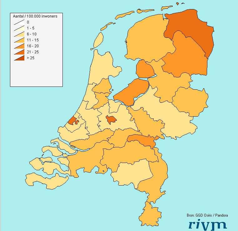 Jaarrapportage surveillance respiratoire infectieziekten 2009 pag. 27 van 79 Figuur 3.13. Incidentie van ziekenhuisopnames met pandemische influenza A(H1N1) per GGD regio in 2009 (n=2019*).