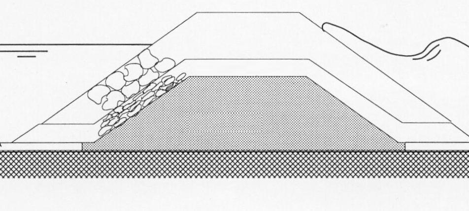 klei en zand minder). Afbeelding 10.3. Stortsteendam, kleidam, zanddam, zanddam met stortsteen (v.l.n.r.) De vier varianten zijn: - stortsteendam; - kleidam; - zanddam; - gecombineerde zand en stortsteendam.