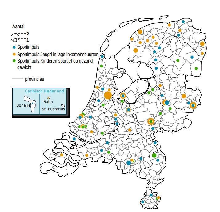 Kaart 3.1 Overzicht Sportimpulsprojecten per gemeente, regulier, KSG en JILIB, ronde 2017* Bron: ZonMw, bewerking RIVM, www.volksgezondheidenzorg.info/sport/sportopdekaart.