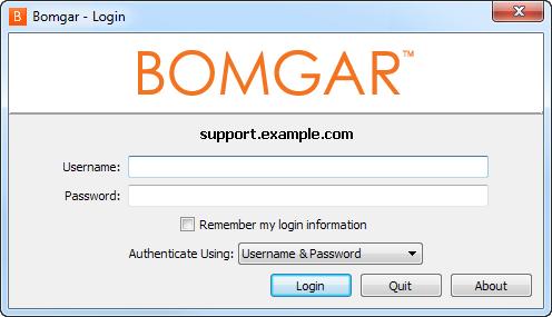 Op de PAM-toegangsconsole inloggen Nadat u de Bomgar toegangsconsole hebt geïnstalleerd, kunt u de toegangsconsole vanuit de tijdens de installatie gedefinieerde map opstarten.