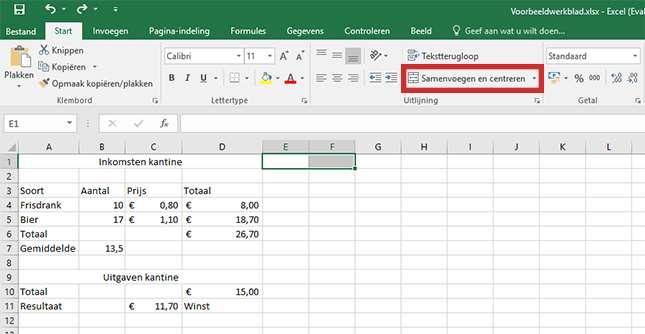 Samenvoegen In Excel kunnen cellen worden samengevoegd. Dat geeft een mooiere vormgeving. Neem weer de kalender uit het vorige onderdeel als uitgangspunt.