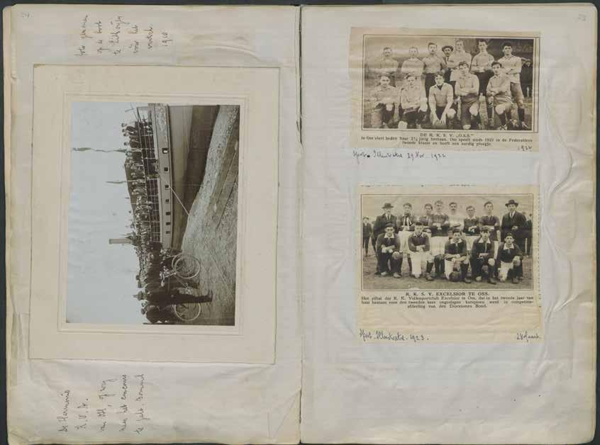 Deel 1, p. 24/25, met: 1) Originele foto van Harmonie KVA uit Oss, poserend op de boot te Lithoijen voor het vertrek naar een concours te Zaltbommel (1910) 2) Foto van voetbalelftal van RKSV