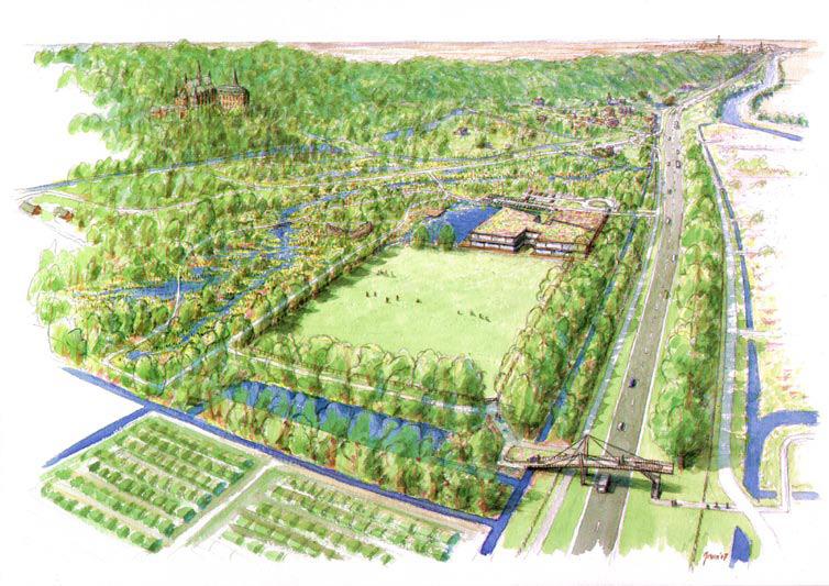 Wegen voor natuur in de Ooijpolder: Op deze tekening is te zien hoe de omgeving van de nieuwbouw van de havo Notre Dame zal worden ingericht.