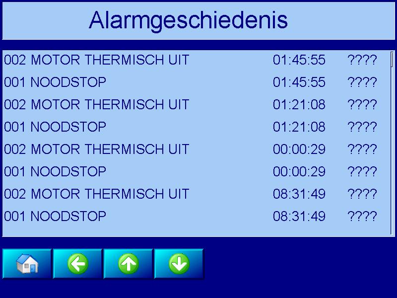 5.5) Alarmgeschiedenis Ten behoeve van service doeleinden en om het makkelijker te maken storingen te zoeken en eventuele redenen voor het slecht functioneren van het systeem te achterhalen, wordt in