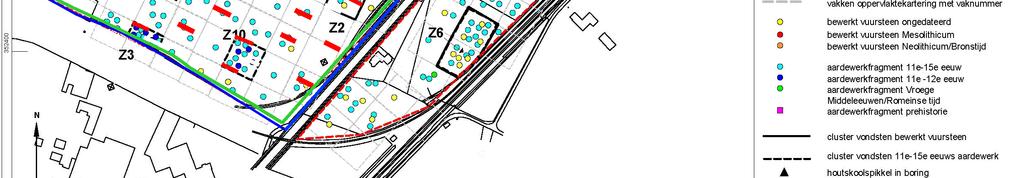 De in het kader van het IVO-Overig Roermond Zuidelijke Stadsrand (Nijdam, 2008) aangetroffen vondstzones (Z1 t/m Z4, Z10 en Z11)