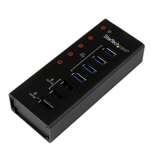 4-poorts gevoede USB 3.0 hub met 3 speciale USBlaadpoorten (2 x 1 A & 1 x 2 A) - op de wand monteerbare metalen behuizing Product ID: ST4300U3C3 De ST4300U3C3 USB 3.