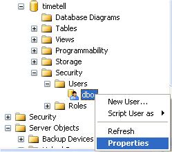 Ga voor de aangemaakte TimeTell database naar Security en kies de user waaraan de