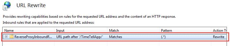 In het URL Rewrite scherm bewerk je de ReverseProxyInboundRuleTTApp regel met dubbelklik: Verifieer vervolgens of bij Rewrite URL het juiste adres en poort naar de webservice zijn opgegeven (gevolgd