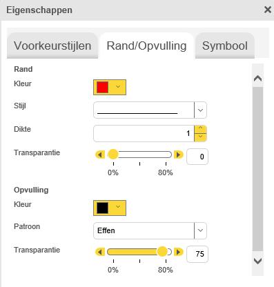 Nadat je eventueel de tekenstijl hebt aangepast, kan je starten met tekenen op de kaart: - voor een rechte lijn, gebogen lijn, willekeurige figuur of ellips: muisknop ingedrukt houden.