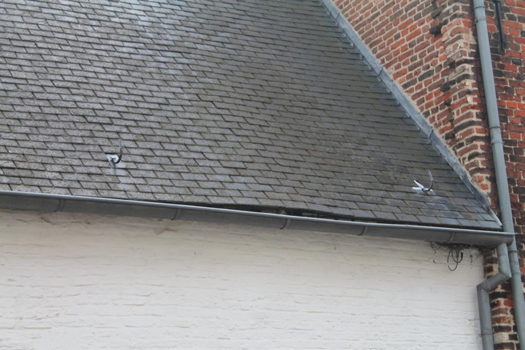 Dit is wellicht het gevolg van loszittende leihaken in combinatie met wind. Verspreid komt er mosgroei voor op de dakvlakken. Op de aanbouw is het dak afgewerkt met golfplaten in vezelcement.