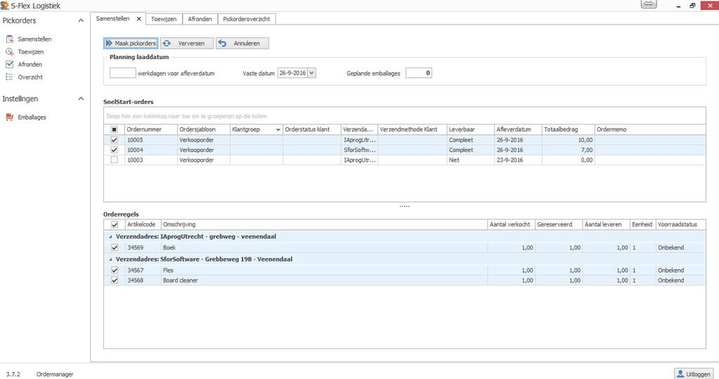 1. Samenstellen S-Flex Logistiek haalt haar orders automatisch uit SnelStart. Dit betreft alle orders in de status niet verstuurd zoals deze ook in het orderbeheer in SnelStart worden getoond.