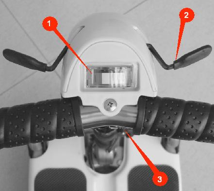 GEBRUIKERSHANDLEIDING MANGO LUGGIE 4. DE BEDIENING VAN DE SCOOTMOBIEL 1. Accu-indicatie meter (analoog) 2. Gashendel 3. Contactschakelaar 4.1 Functies van de scootmobiel 4.1.1 Accu-indicatiemeter (analoog) Deze meter geeft de spanning weer door middel van een naald.