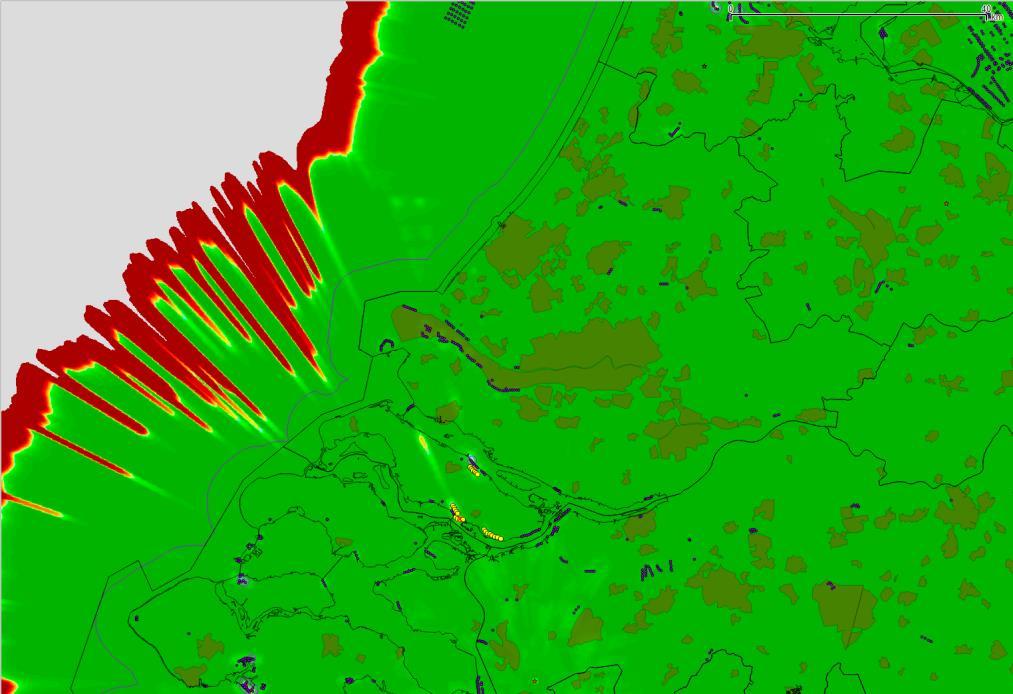 Positie MASS Soesterberg 17/35 Pd Positie MASS Woensdrecht Figuur 11 Detectiekans van het MASS verkeersleidingsradarnetwerk berekend op 1000 voet in het schaduwgebied van het bouwplan nadat deze is