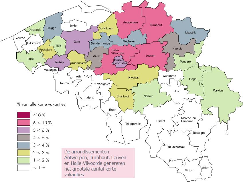 Belgische reismarkt De afbeelding hiernaast geeft aan uit welke regio s de Belgen komen die een korte vakantie hebben ondernomen in 2014/2015.