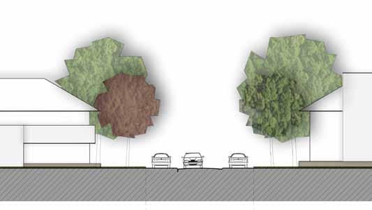 Garages gelegen ruim achter de voorgevelrooilijn. Scheidingen op de onderlinge kavelgrenzen bestaan uit beukenhagen of struiken.