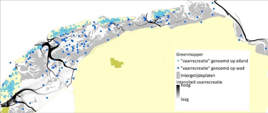 Figuur 8.1 Greenmapper belevingsgegevens. Verdeling markers over eilanden en water (N.B. niet alle markers zijn zichtbaar omdat ze over elkaar heen vallen) 8.