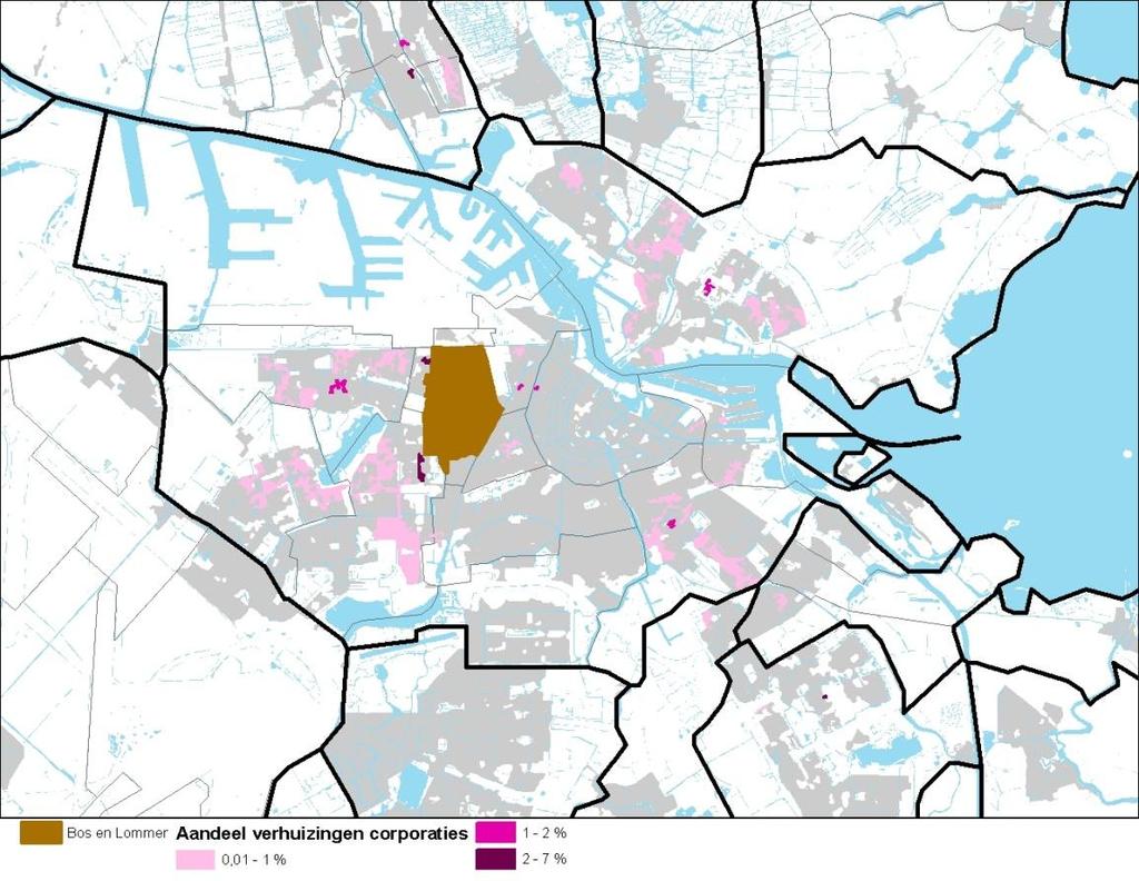 49 Het zwaartepunt van de gebiedjes met een relatief substantiële relatie ligt in de omgeving van Bos en Lommer, namelijk in De Kolenkit, Staatsliedenbuurt, Slotermeer -Noordoost en de Frederik