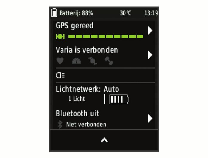 Het verbindingenscherm weergeven Het verbindingenscherm geeft de status van de GPS, ANT+ sensors en draadloze verbindingen weer.