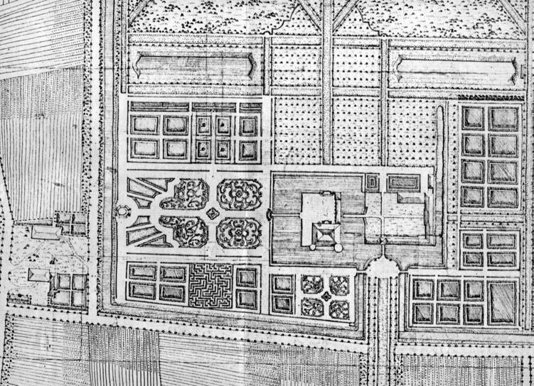 Detail uit Dézallier dárgenville, vergelijk met tuinontwerp links van het kasteel Centrale