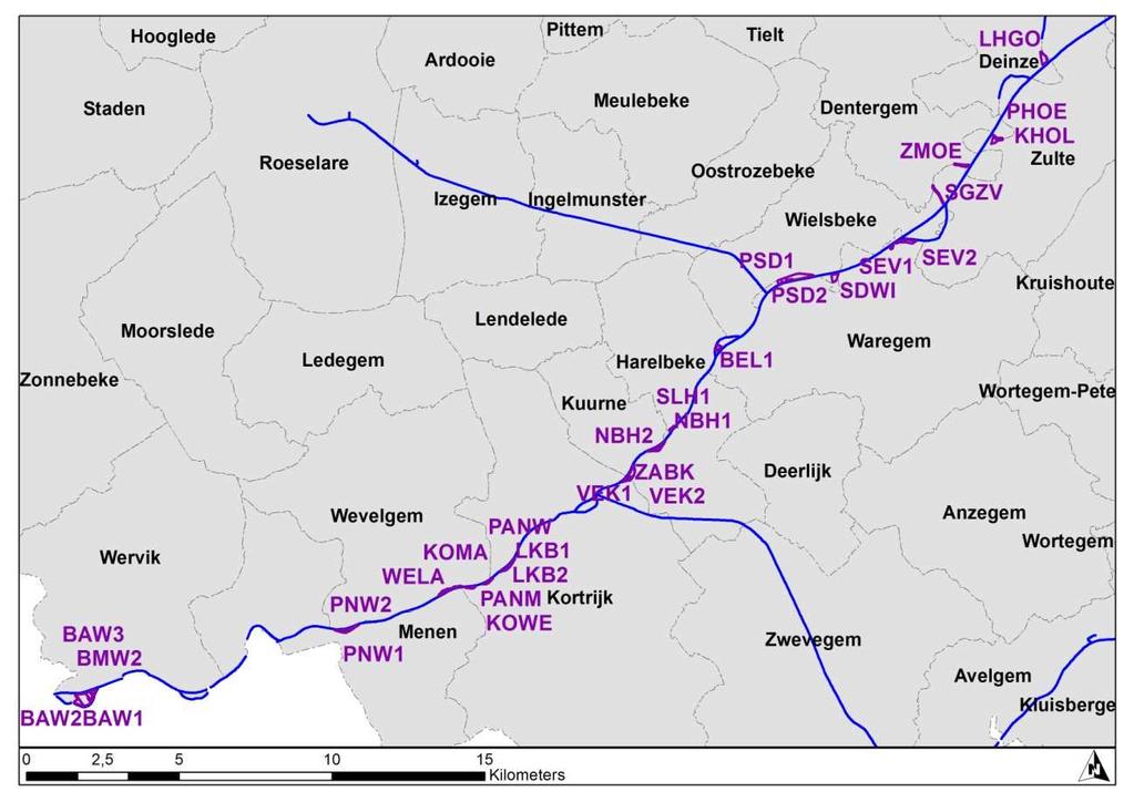 2 Methodologie 2.1 Gebieden Op een overzichtskaart van de terreinen uit de databank DredGis gelegen langs de Leie werden door W&Z alle terreinen aangeduid die in bezit van, of in beheer bij W&Z zijn.