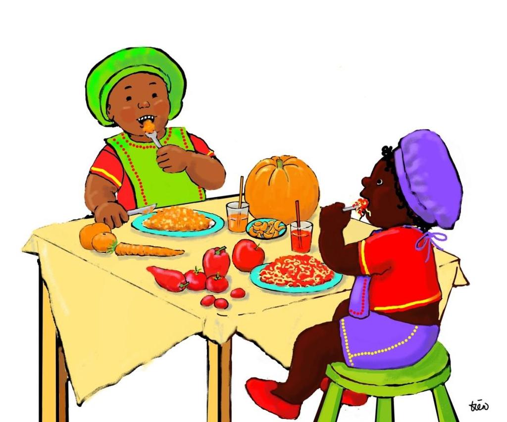 Ze eten vooral gezonde dingen. Bruine Piet, die altijd dol was op pepernoten, eet alleen nog maar worteltjes.