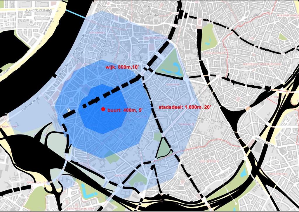 Buurt (400m, 5 min wandelen): buurtgroen, pleinen speelterreinen buurtsportterreinen kinderopvang jeugdwerk basisonderwijs supermarkten/superettes, bakkers, slagers, banken apothekers Wijk (800m, 10