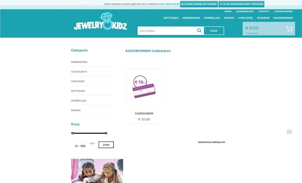 Het systeem is nu klaar met het verwerken. Je productlijst is in het systeem van myshop gezet. 4. Bekijk het resultaat in je winkel. Ga de categorie Kadobonnen Dit ziet er al erg mooi uit.