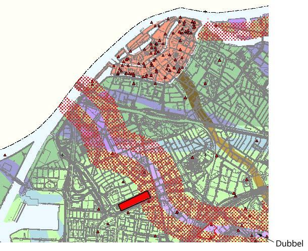 Het onderzoeksgebied op een uitsnede van de archeologische verwachtingskaart van de gemeente Dordrecht (rood).