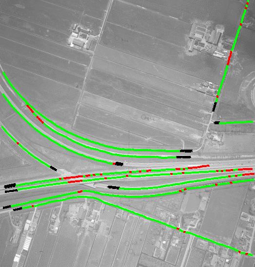 Loodrecht op het gemeten stukje weg wordt nu uit het beeld een dwarsprofiel afgeleid, waarin de grijswaarden als een functie van de afstand tot het gemeten lijnstukje worden beschreven.