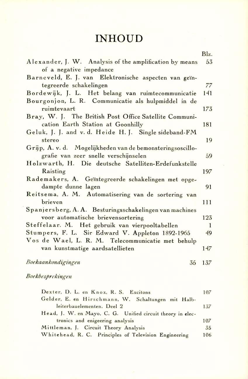 INHOUD Biz. A le x a n d e r, J. W. Analysis of the amplification by means 53 of a negative impedance B a rn e veld, E. J. van Elektronische aspecten van geïntegreerde schakelingen 77 B o rd ew ijk, J.