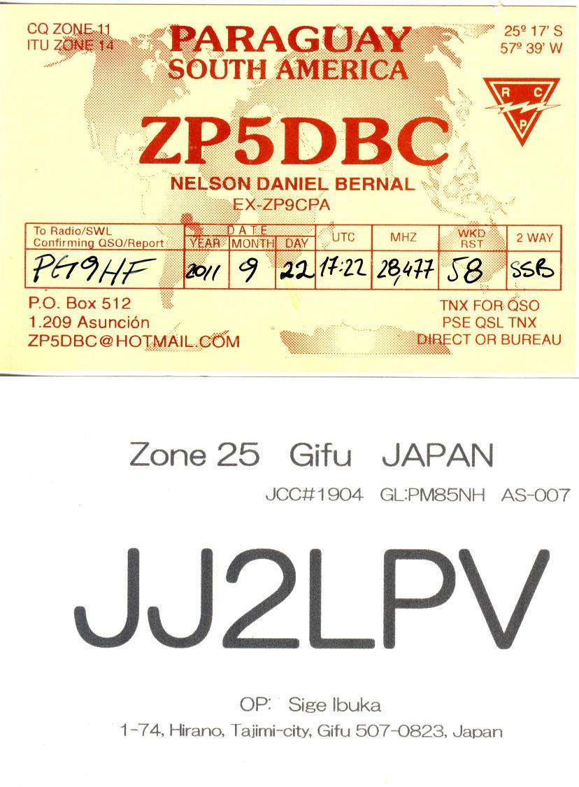 QSL Kaarten Hierbij wederom een kleine selectie uit 2 bevestigde QSL kaarten. JJ2LPV 22 Oct. 28 MHz. USB - Japan ZP5DBC 22 Sept. 28 MHz. USB - Paraguay Gewerkt en QSL kaart ontvangen: XU7FZM 24-03-2011 14 MHz.