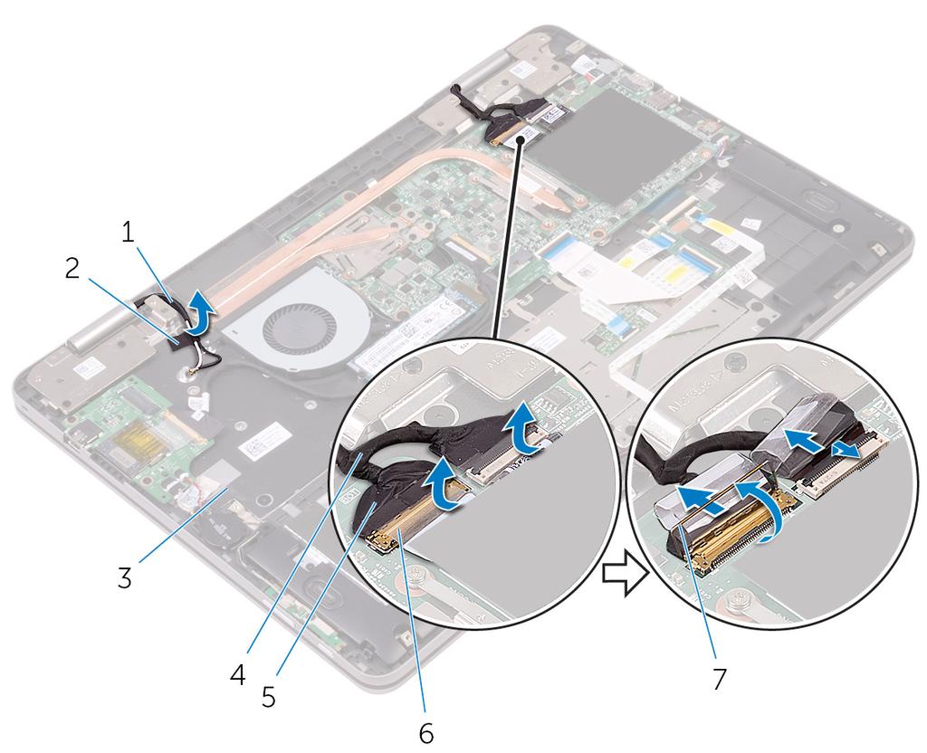 4 Trek de beeldschermkabel en de kabel van de touchscreenkaart los van het moederbord. Afbeelding 26.