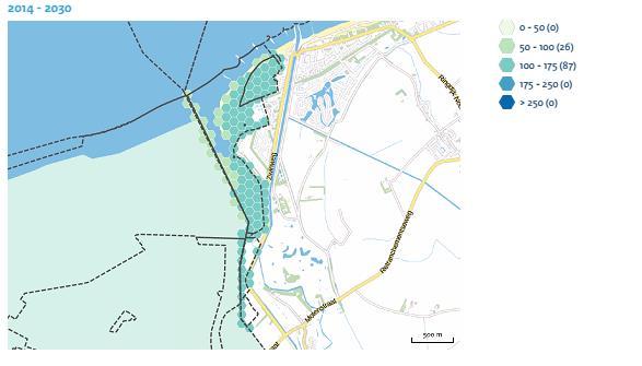 Figuur 8 : Ontwikkeling van de depositie richting 2030 Dit figuur (8) laat zien dat de in het eerste tijdvak (2014-2020) de gemiddelde depositie op het gebied tussen de 0-50 mol daalt.